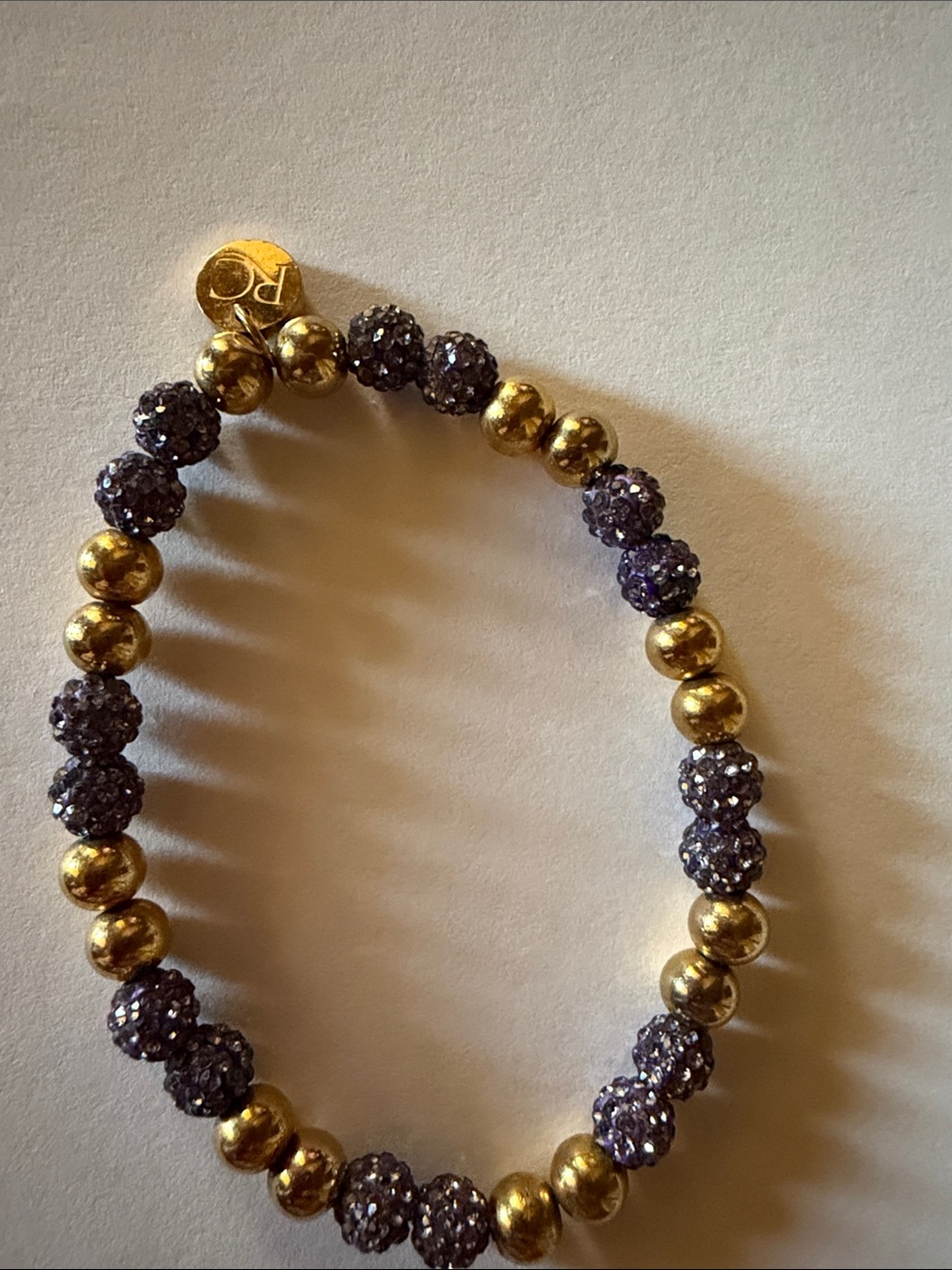 Rustic Cuff Gold and Purple Beaded Stretch Bracelet